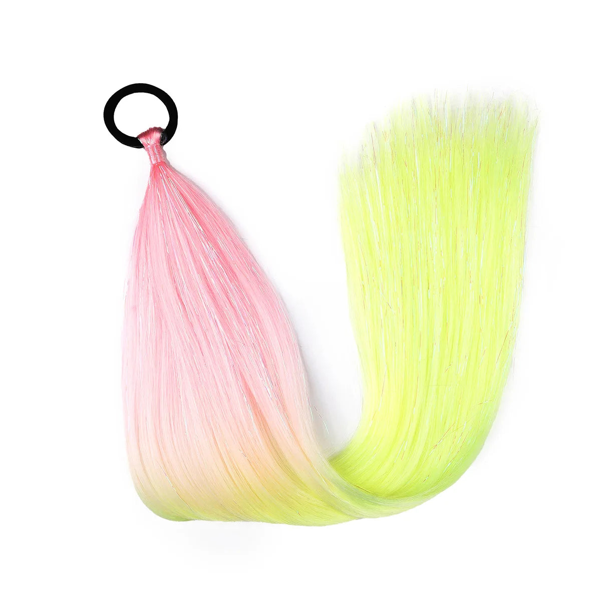 Synthetic ombre braid ponytail hair tinsel with lime yellow, pale pink, and cream strands