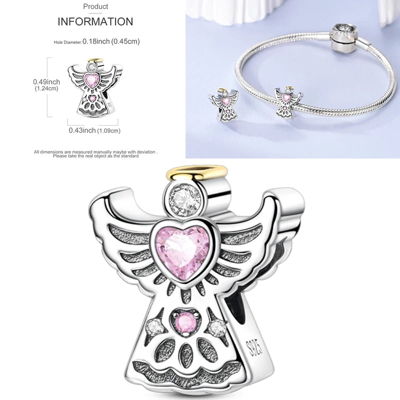 925 sterling silver angel charm with pink heart stones and winged halo detail