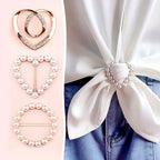 Heart-shaped faux pearl and rhinestone scarf knot brooch clip on metal base