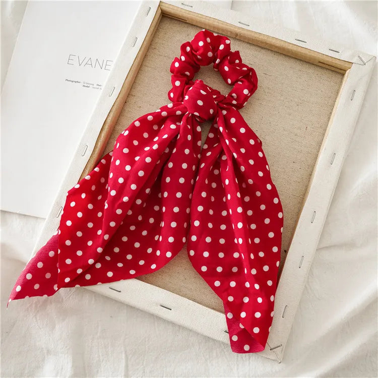 Red chiffon ribbon scrunchie scarf with white polka dots