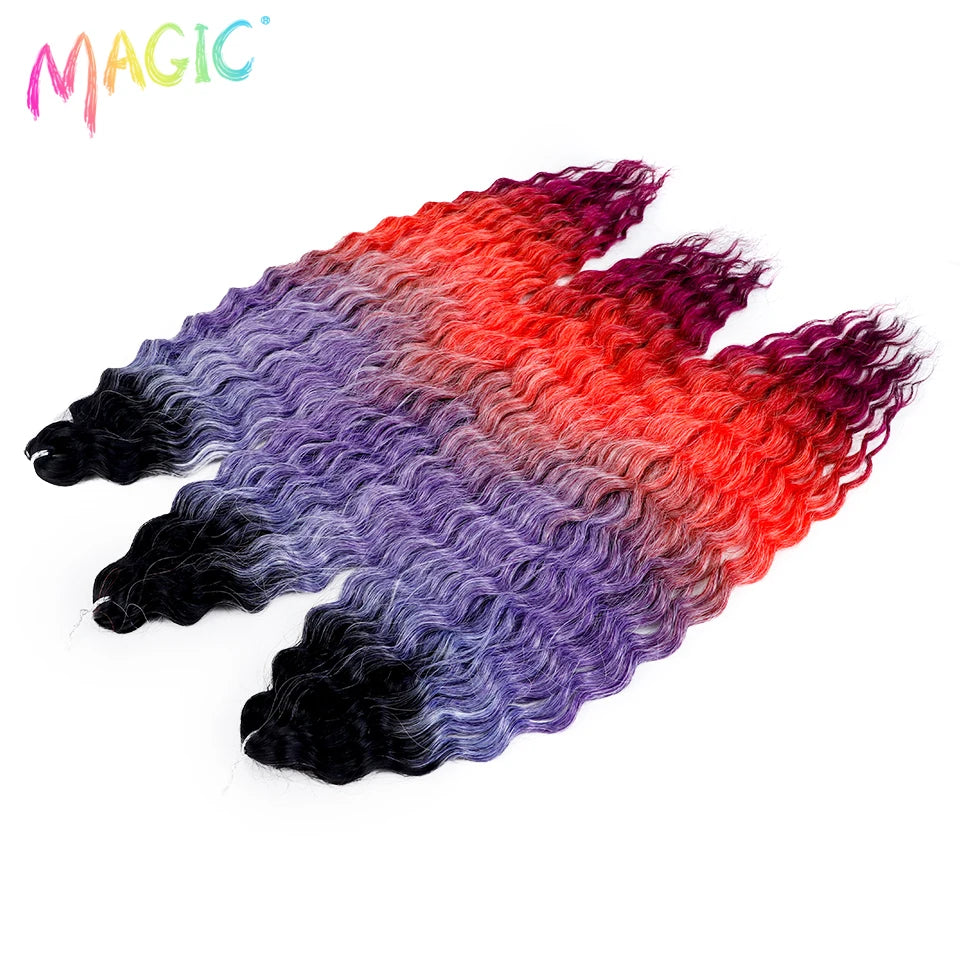 Synthetic water-wave crochet braids with dark-to-coral-to-purple ombre curls