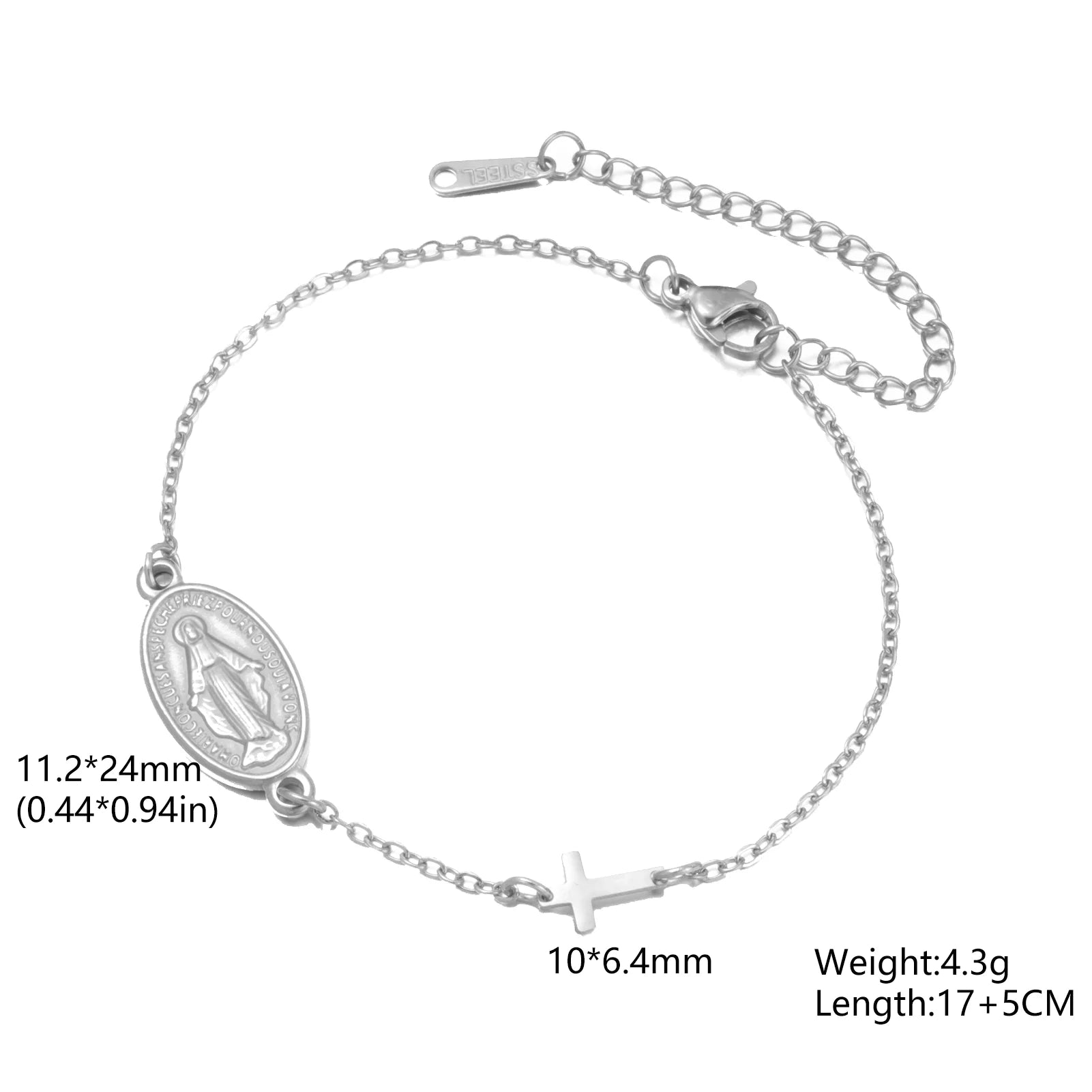 Silver-tone Virgin Mary bracelet with oval medal pendant and cross charm on chain