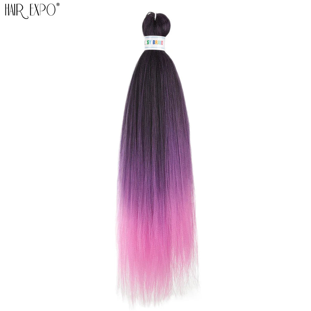 Synthetic braiding hair bundle, black-to-purple-and-pink ombre straight strands