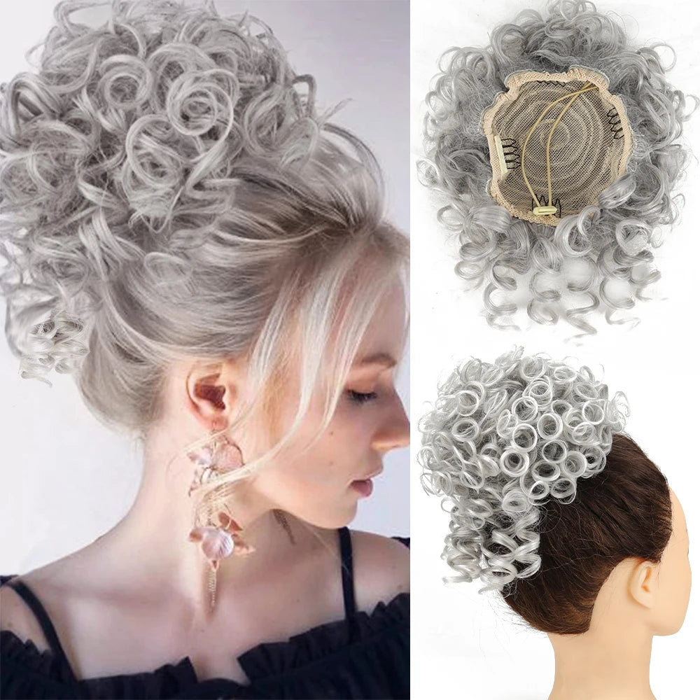Drawstring messy bun hair piece, synthetic loose wave in silver-gray