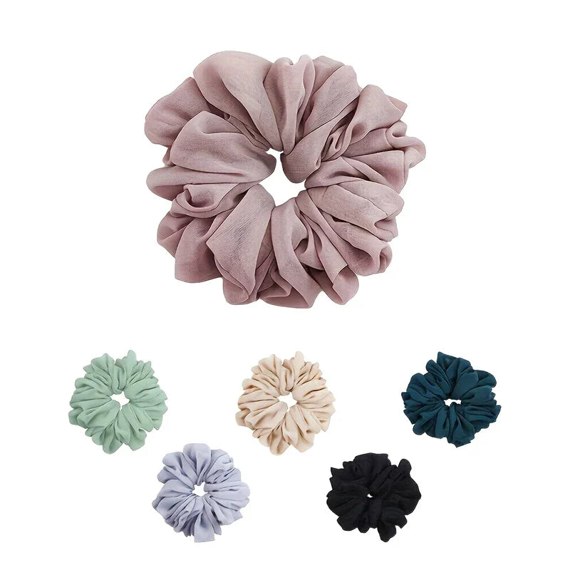 Oversized chiffon scrunchie in mauve with multiple color options displayed