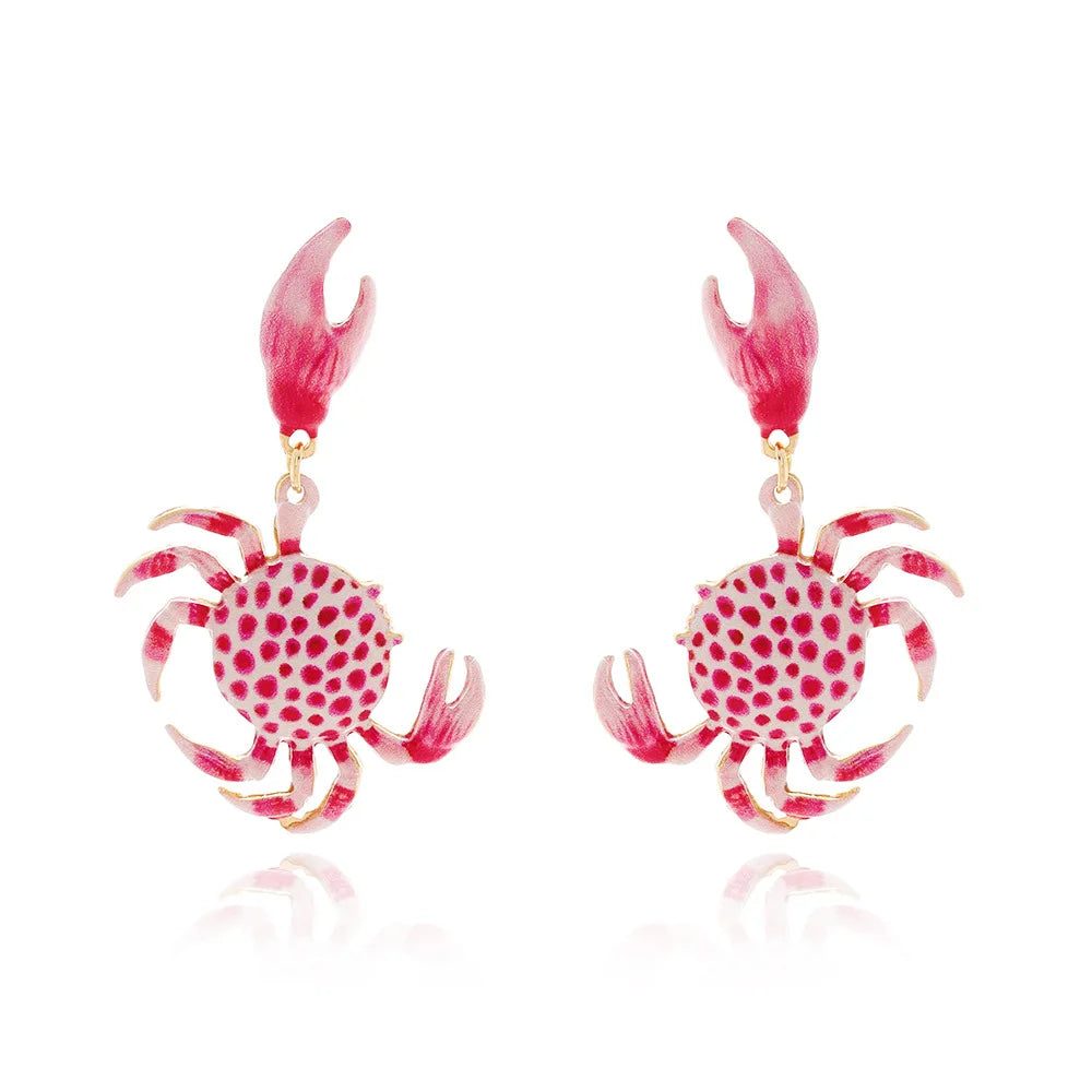 Enamel crab earrings, red spotted enamel crab with gold-tone hooks.