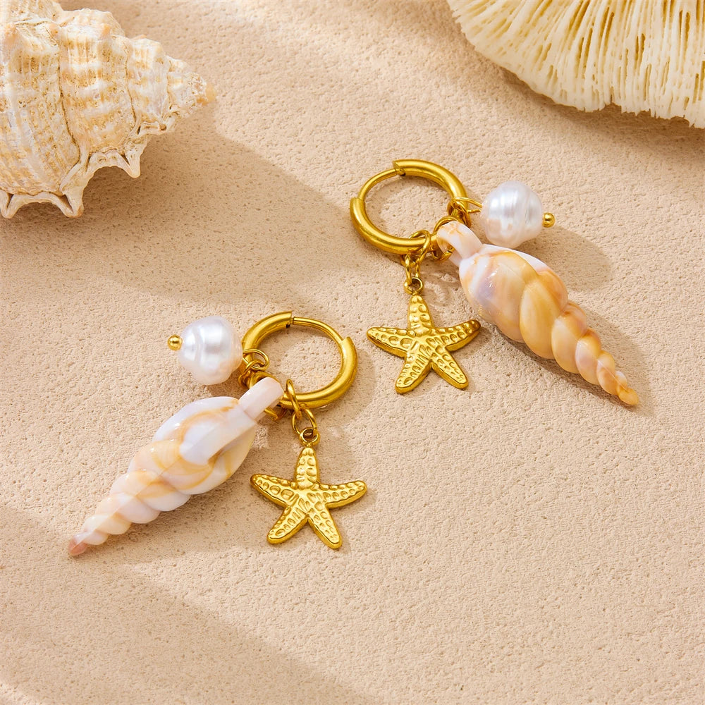 Gold hoop starfish and conch pearl earrings with small bead details
