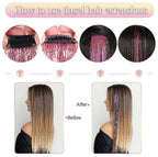 Hair tinsel clips being attached to hair, with glitter strands on front sections