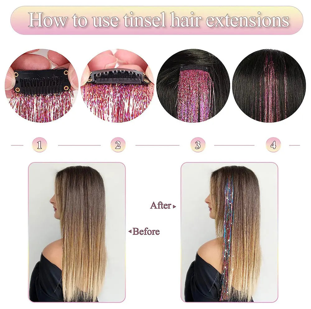 Hair tinsel clips being attached to hair, with glitter strands on front sections