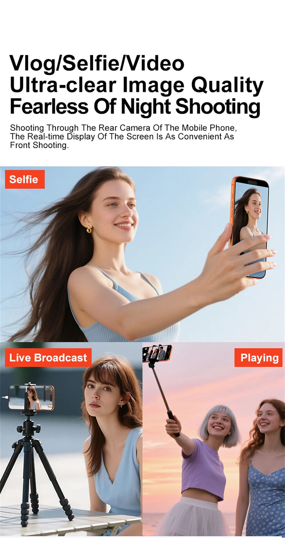 Selfie monitor screen on phone showing live broadcast and playing icons
