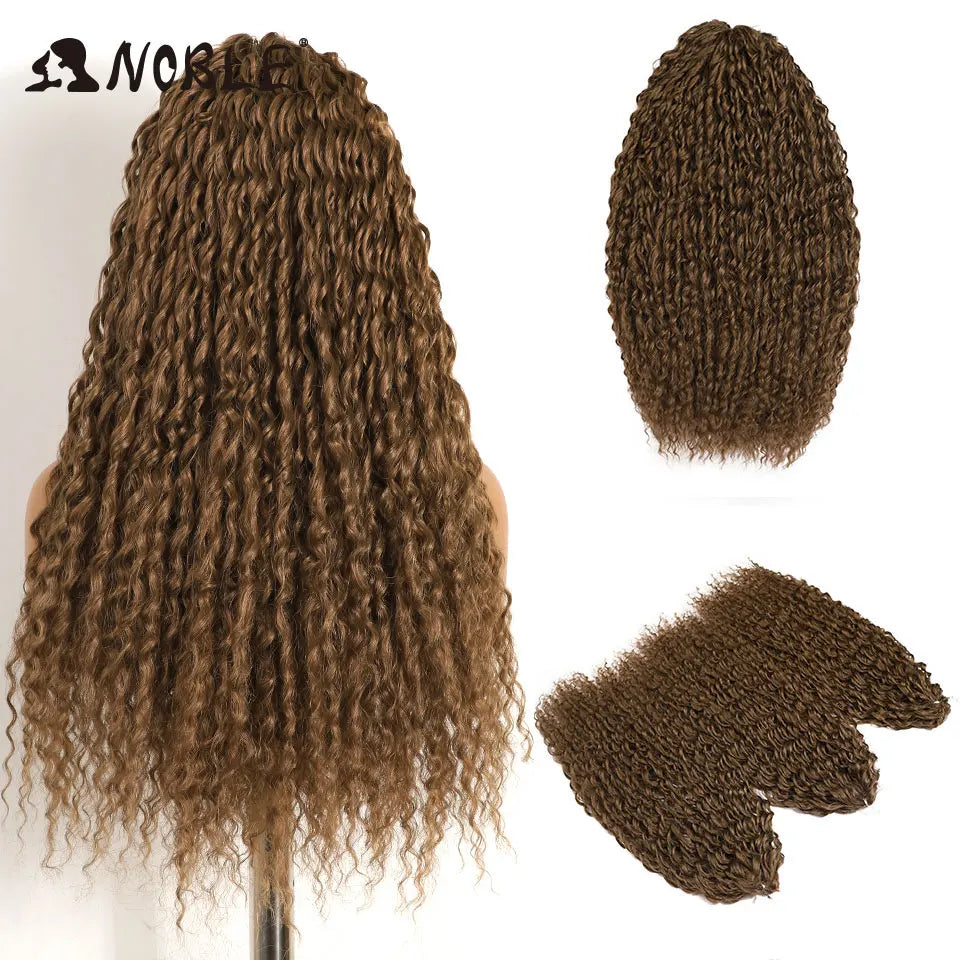 Synthetic crochet braids with water-wave curls, warm brown ombre with swatches