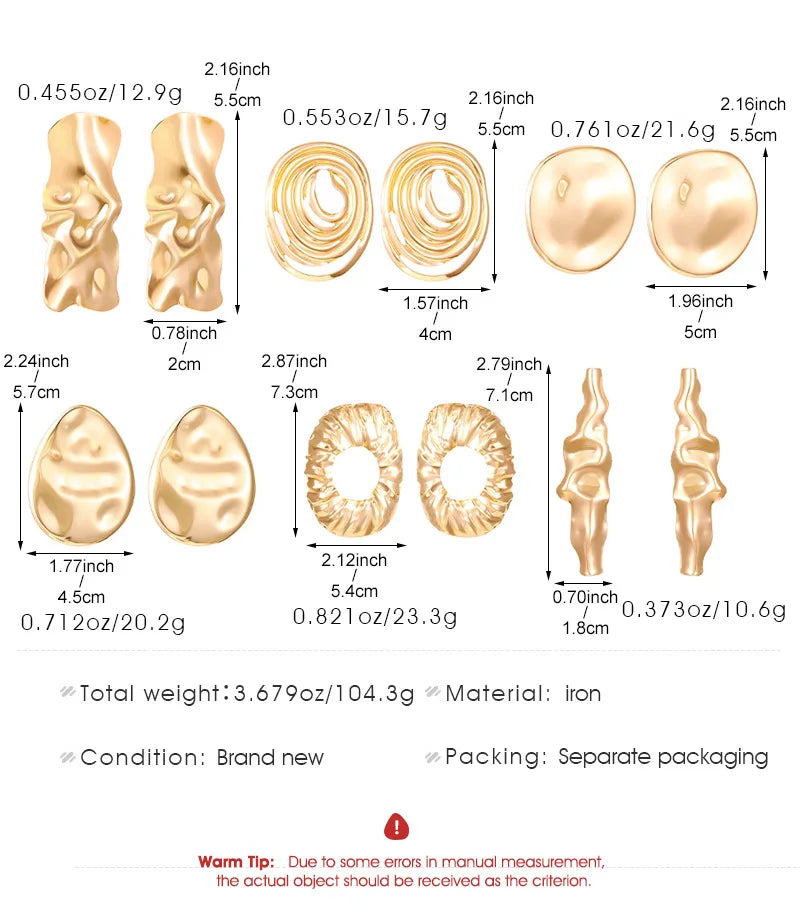 Gold-tone wrinkled drop earrings with oval, spiral, and round textured shapes