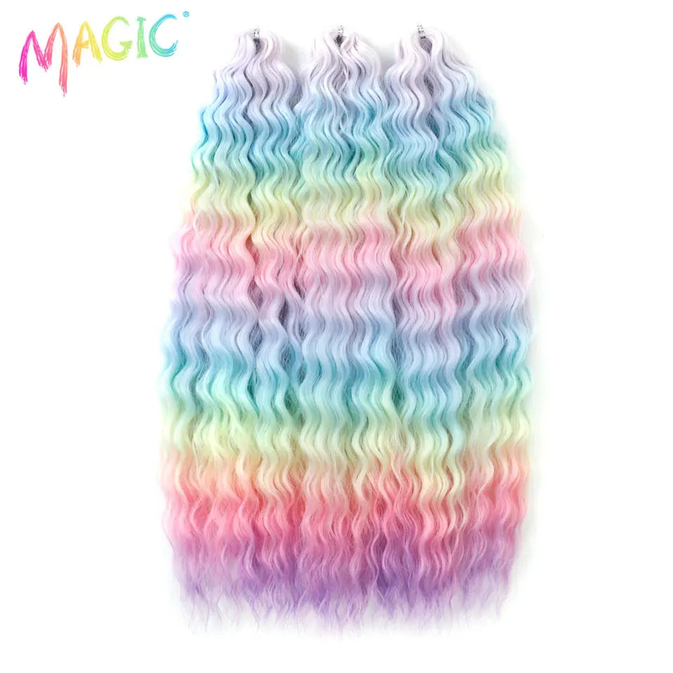Synthetic ombre curl crochet braids, wavy texture in light blue, mint, lavender, pink