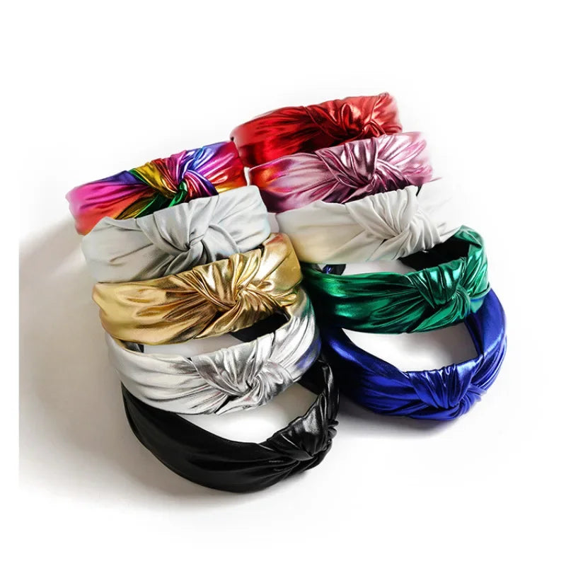 Metallic PU leather wide headbands with knotted bow, multicolor set