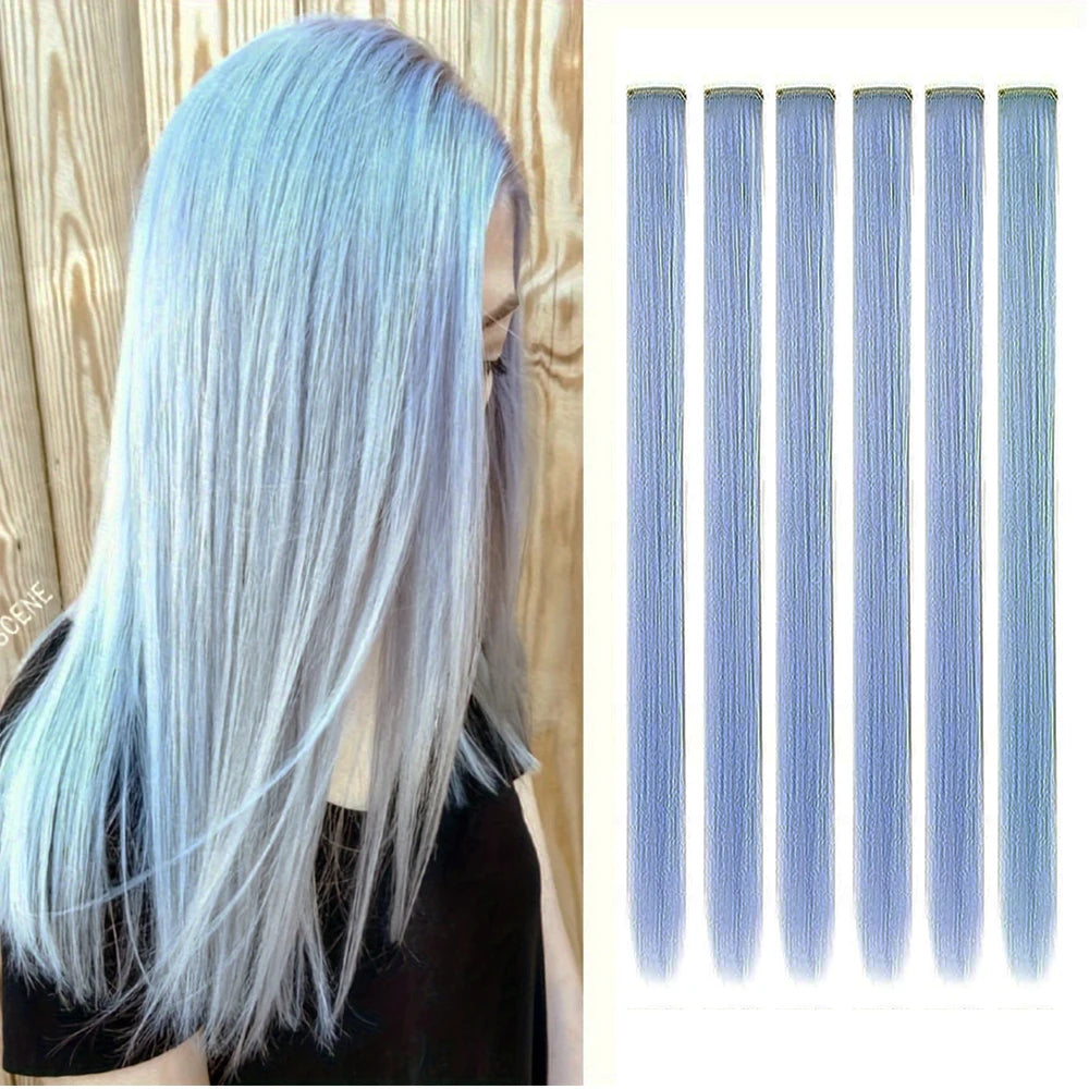 Synthetic clip-in hair highlights, 22-inch light blue to silver straight strands with clip bases.