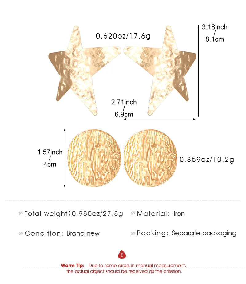 Gold star and round textured drop earrings on a product size diagram
