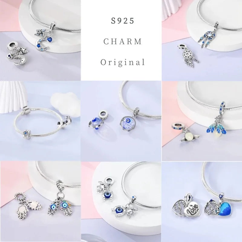 925 sterling silver charm beads with blue enamel, including hand and eye shapes