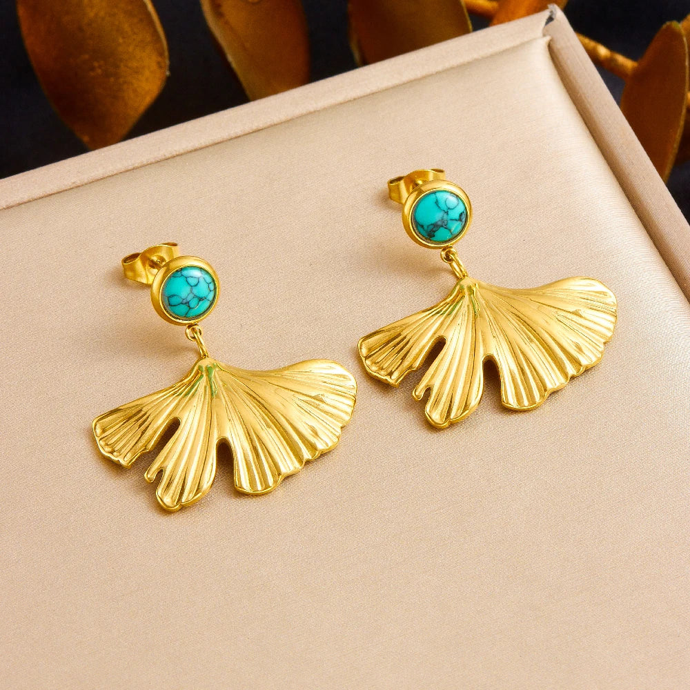 Gold-tone ginkgo leaf fan earrings with turquoise round stone studs