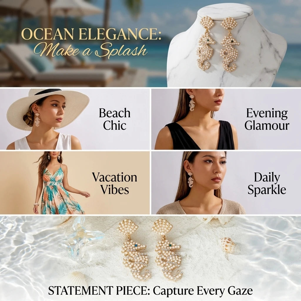 Pearl shell statement earrings with gold-tone seahorse charms, dangling drops