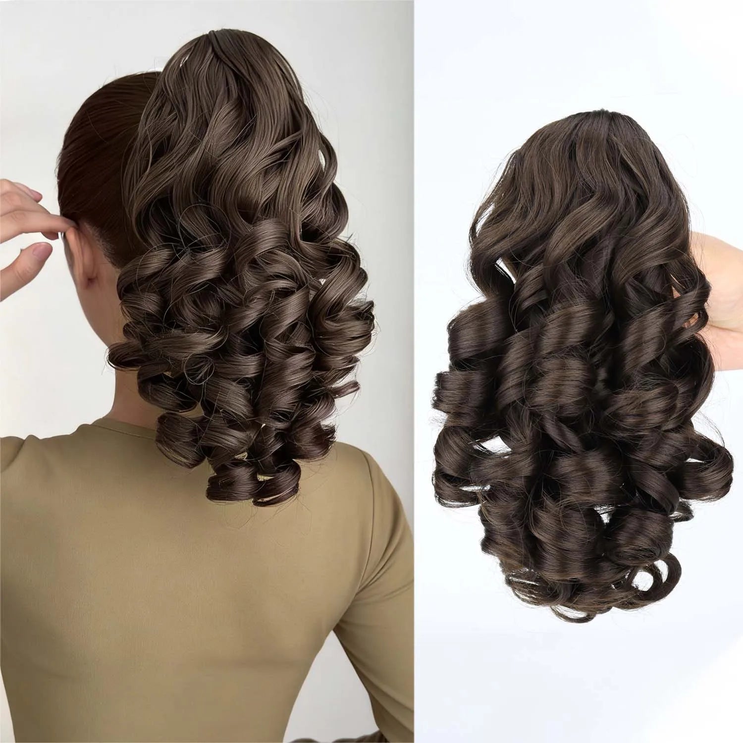 Claw clip ponytail extension with wavy synthetic hair, dark brown