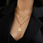 3-Layer Pearl Square Portrait Pendant Necklace — 316L Stainless Steel