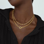 Layered chain necklace with Cuban link and paperclip links, gold-tone finish, oval clasp