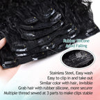 Curly clip-in hair extension weft with rubber silicone grips on the stitched clip track