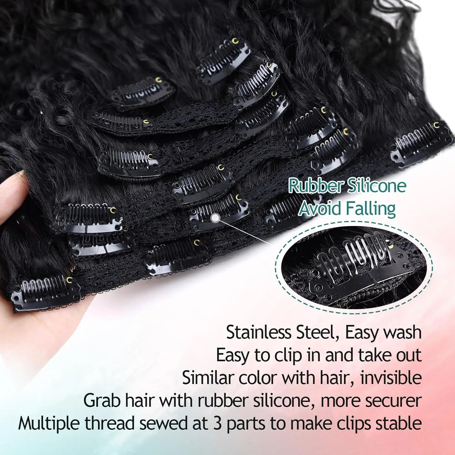 Curly clip-in hair extension weft with rubber silicone grips on the stitched clip track