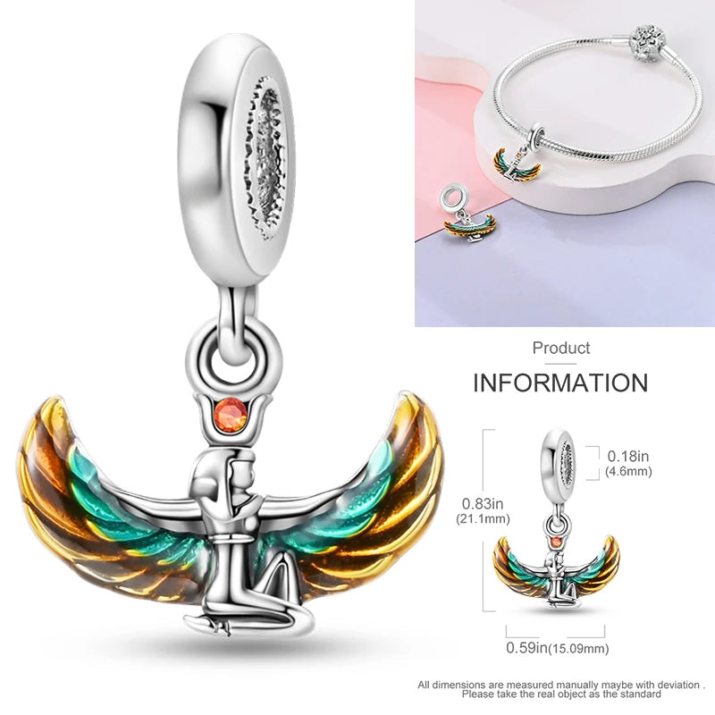 Sterling silver angel charm bead with multicolor wings and orange gemstone
