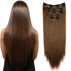 Medium brown straight clip-in hair extension weft with metal clips, long length