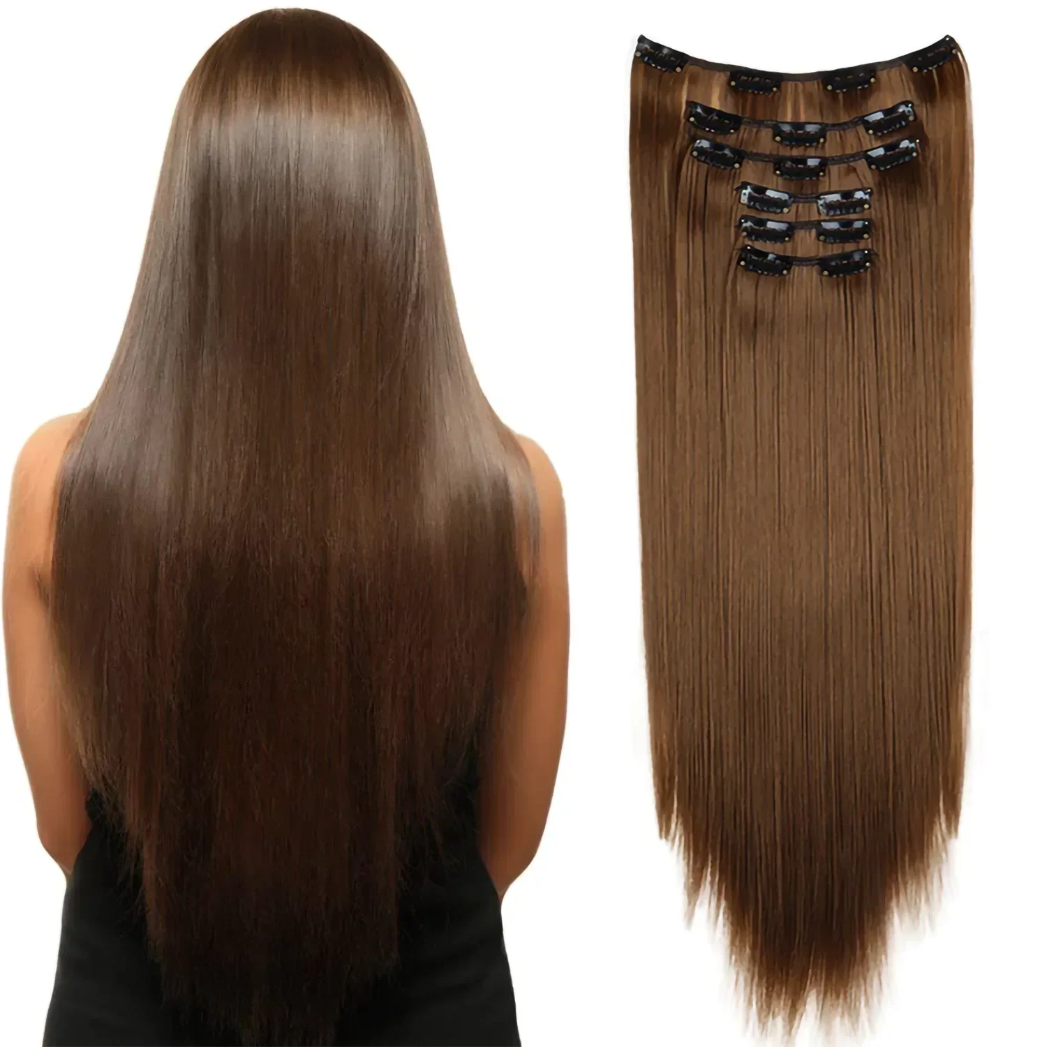 Medium brown straight clip-in hair extension weft with metal clips, long length