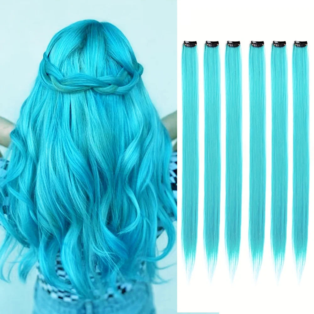 Clip-in synthetic hair highlights set with teal-blue strands and small comb clips
