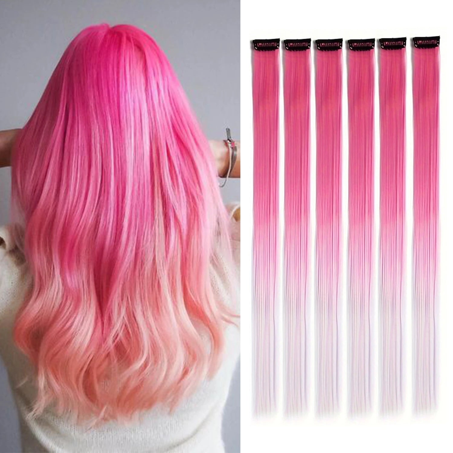 Clip-in synthetic hair highlights with bright pink strands and comb clips