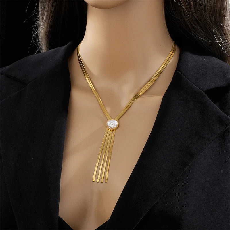 2-Layer Pearl Tassel Clavicle Necklace — 316L Stainless Steel