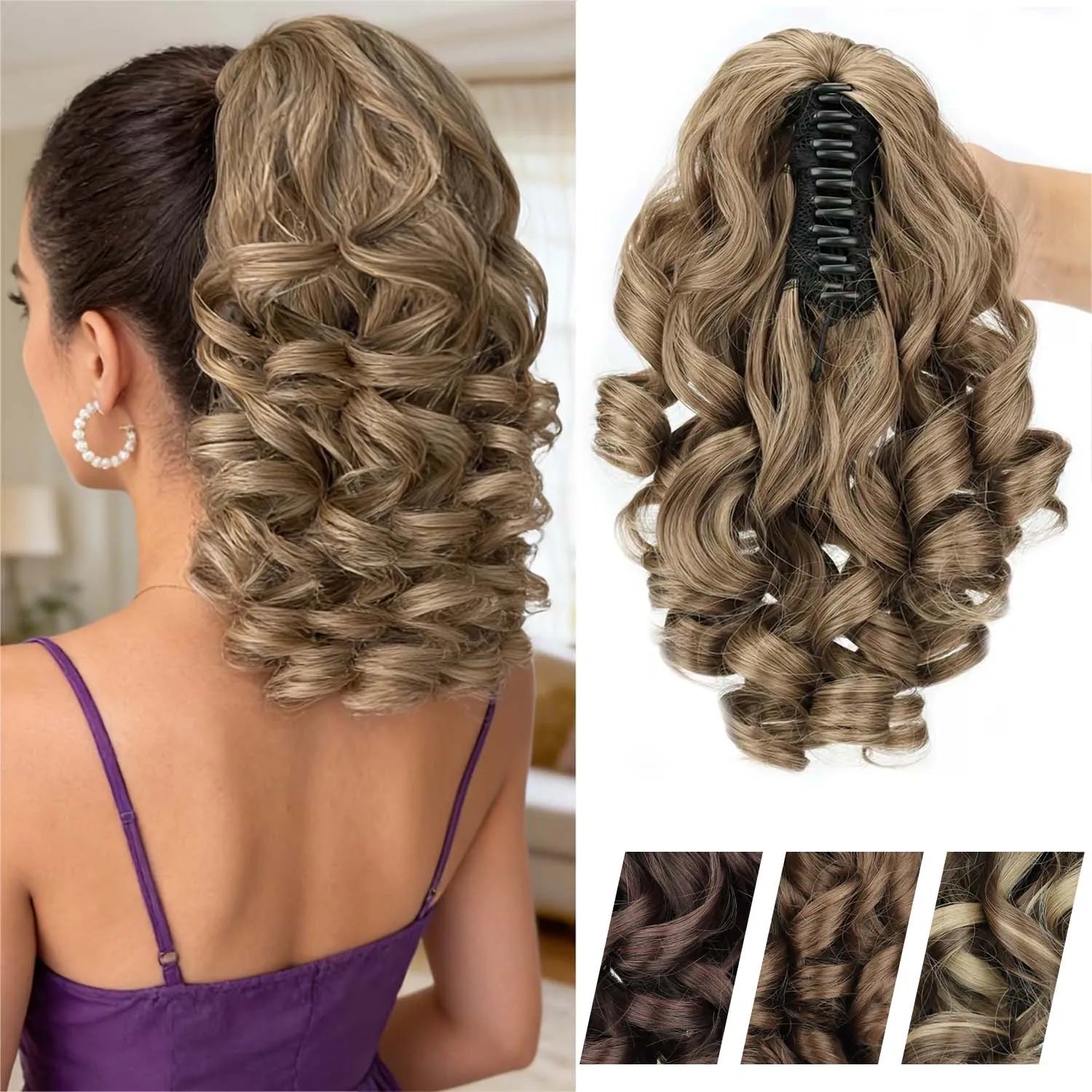 Claw clip ponytail extension with synthetic wavy curls, light blonde tone