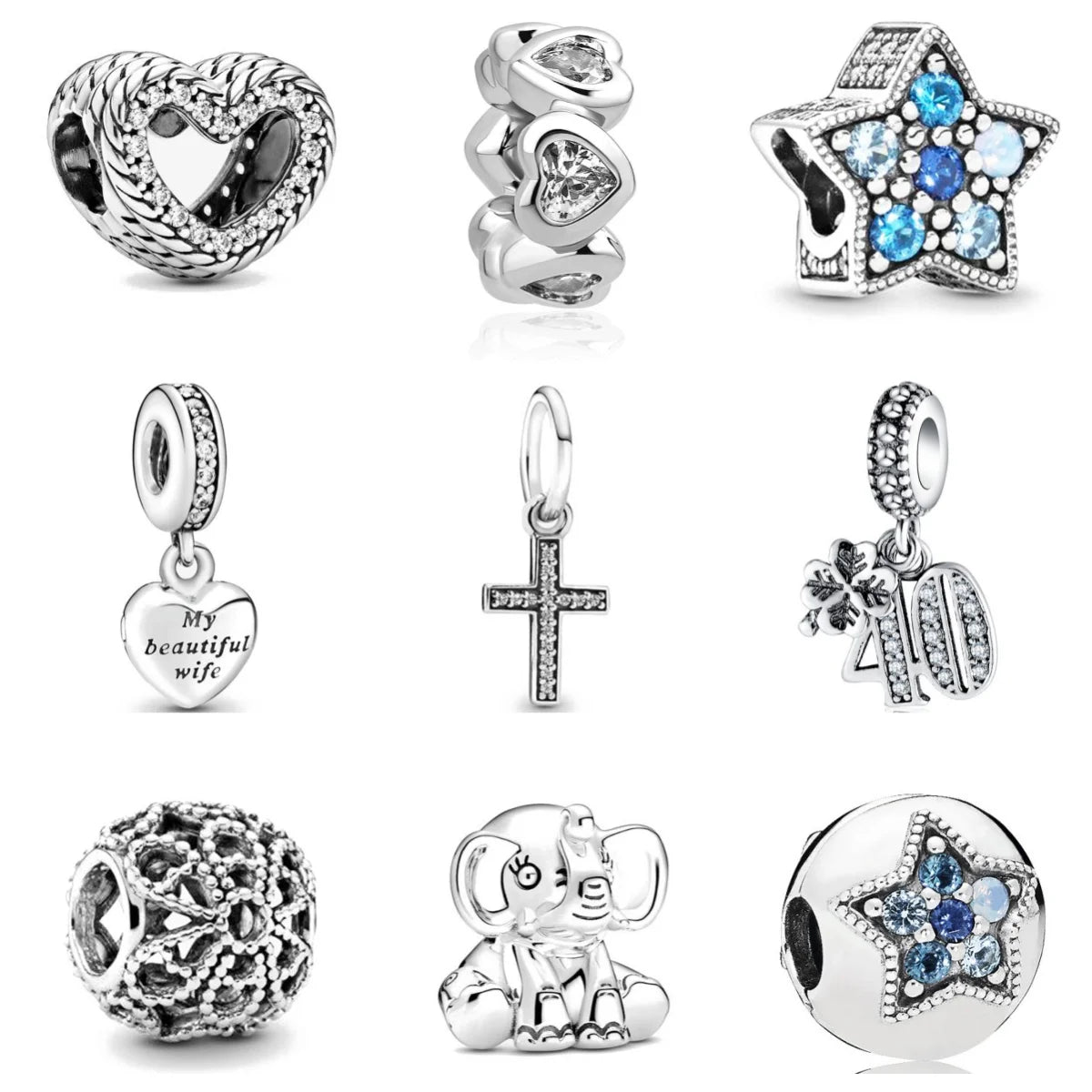 Sterling silver charm bead assortment with heart, cross, star, and elephant designs