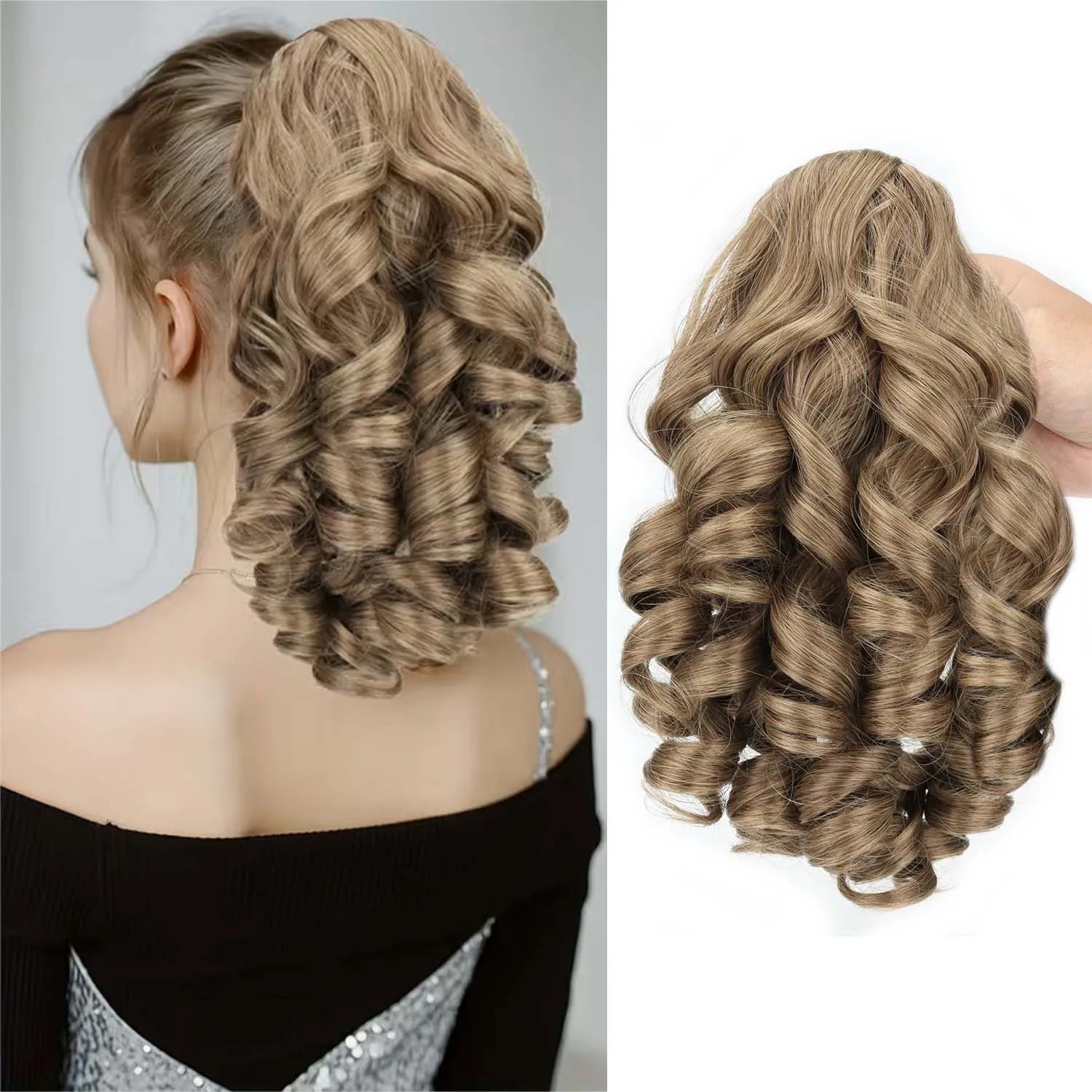 Claw clip ponytail extension with synthetic wavy curls, light blonde hair shown from sides