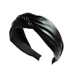 Wide PU leather headband in black with twisted knot top and elastic ends