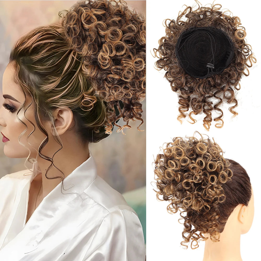Drawstring messy bun hair piece, synthetic loose-wave curls in light brown