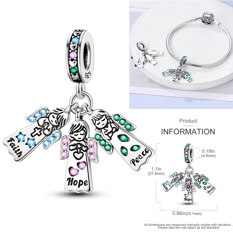 925 sterling silver angel charm with multicolor stones and blue, green, and pink accents
