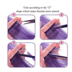 Purple clip-in hair highlight strand with trimming guide for natural blending ends