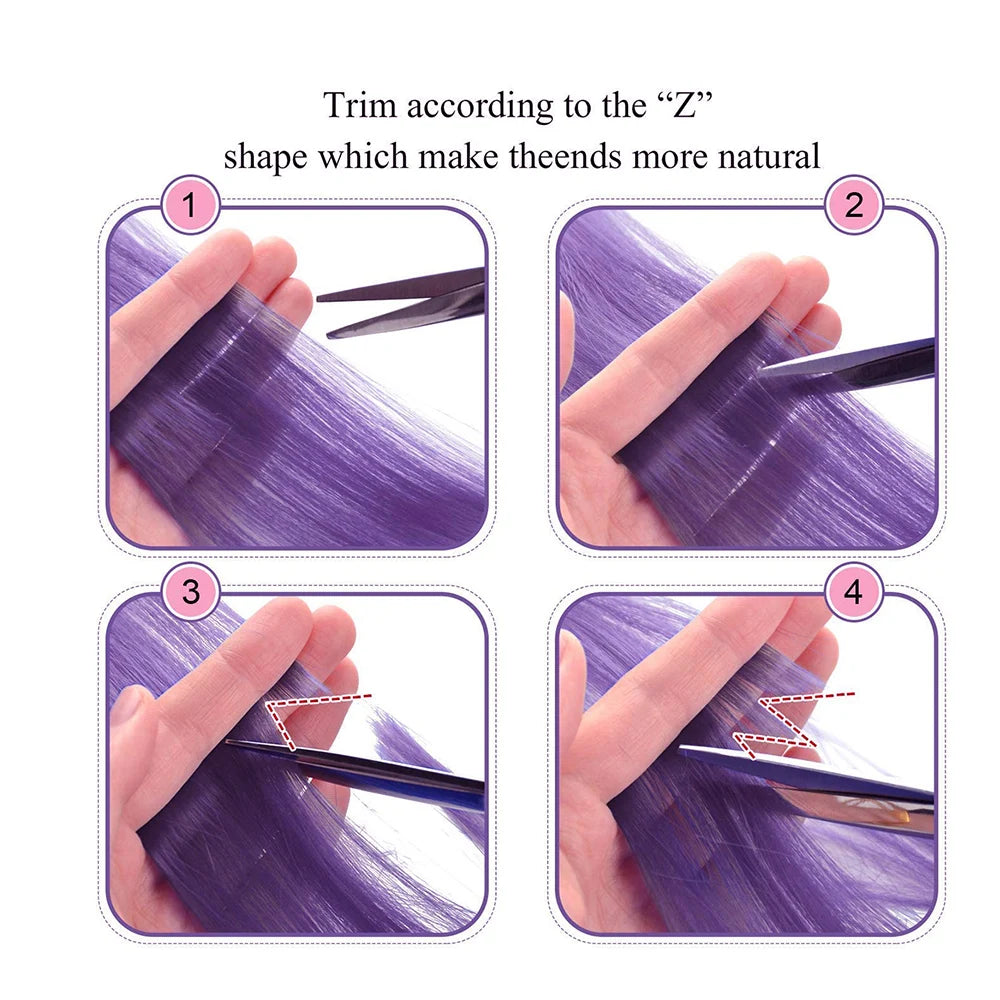 Purple clip-in hair highlight strand with trimming guide for natural blending ends