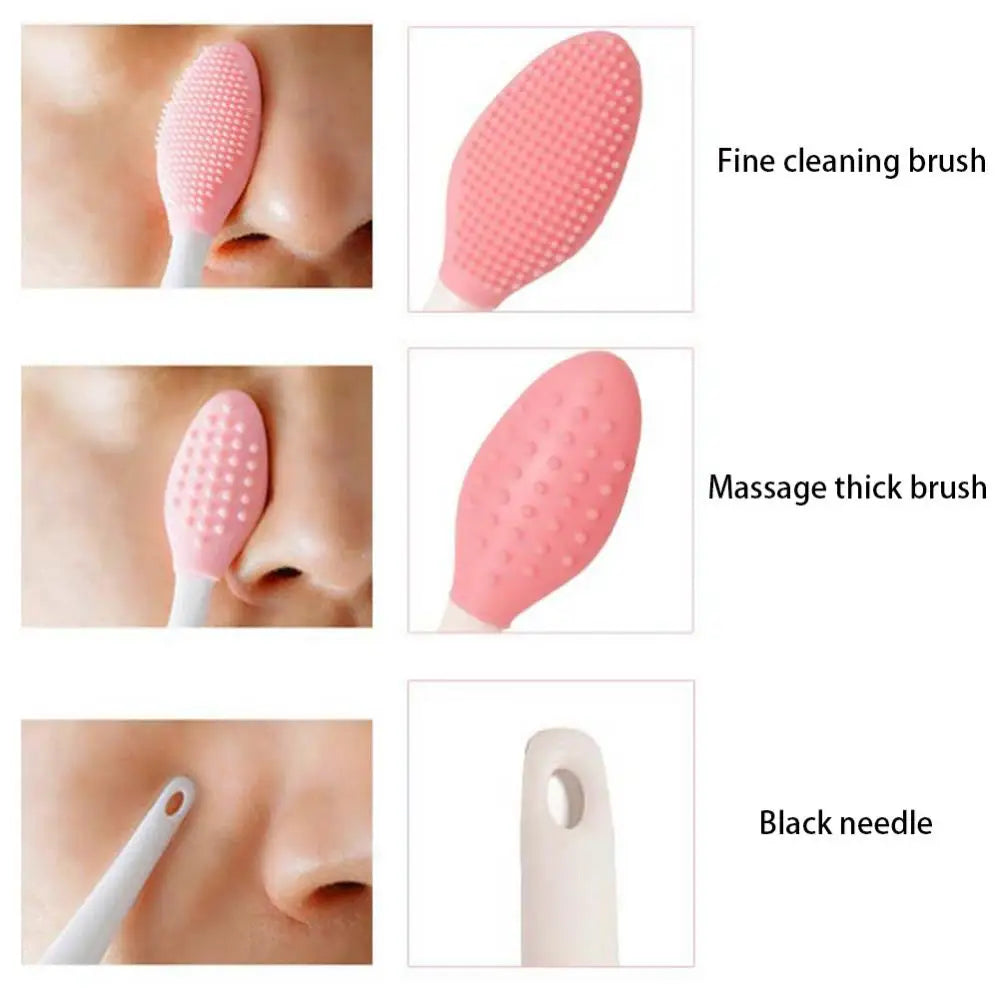 Pink silicone nose cleaning brush head shown in skin close-ups