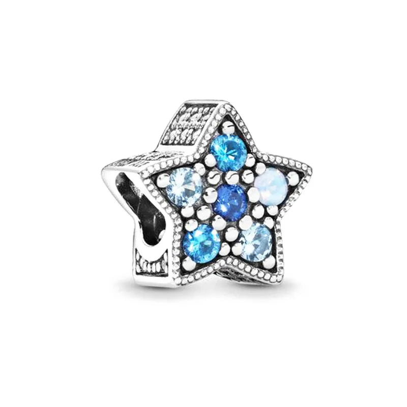 Sterling silver star charm bead with blue enamel stones and clear rhinestone edges