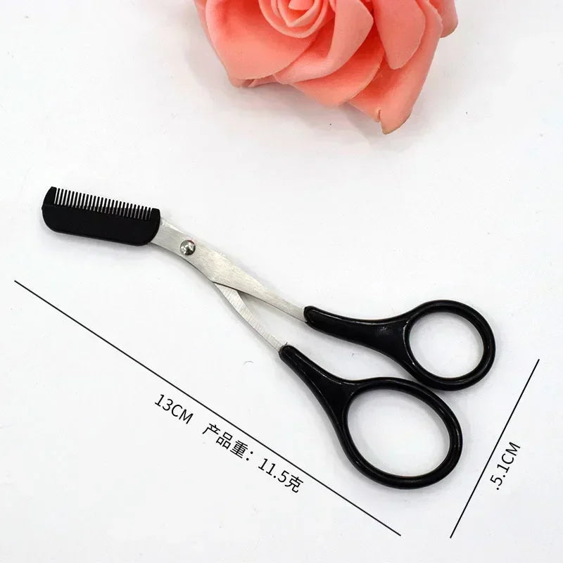 Eyebrow trimming scissors with comb, black handle and metal blades