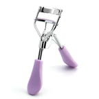 Eyelash curler tool with lavender/purple silicone handles and chrome curler frame