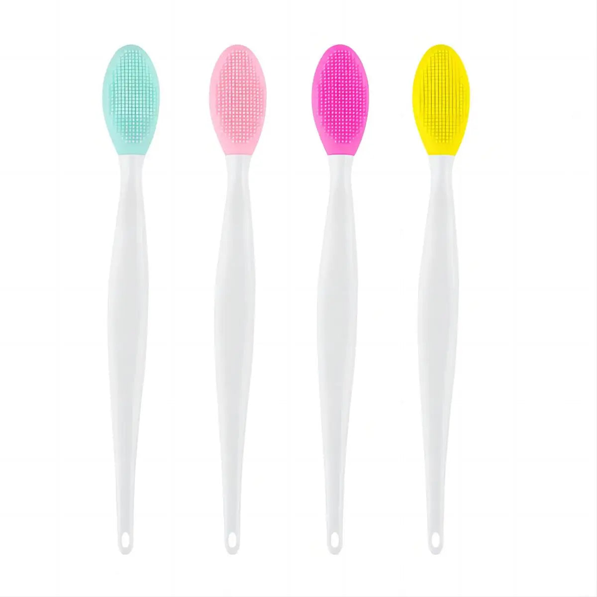 Four silicone cleansing brushes with white handles and colored oval heads