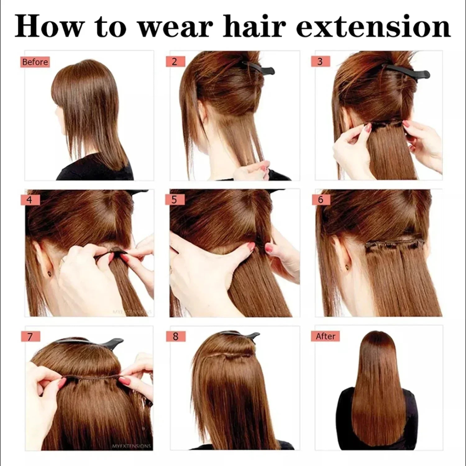 Clip-in hair extension application guide showing weft placement and attachment clips