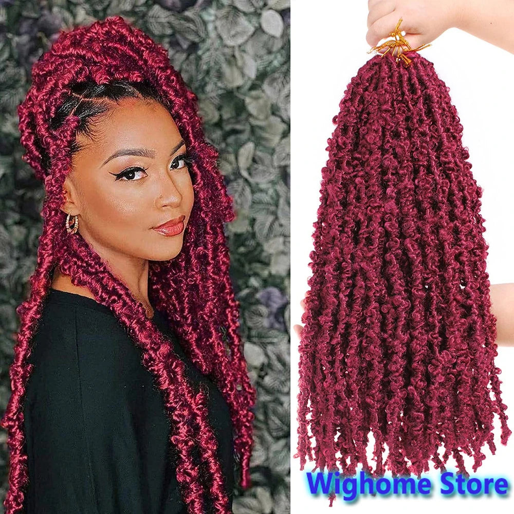 Burgundy butterfly locs crochet hair with long tight curls, half-up bun and strand display