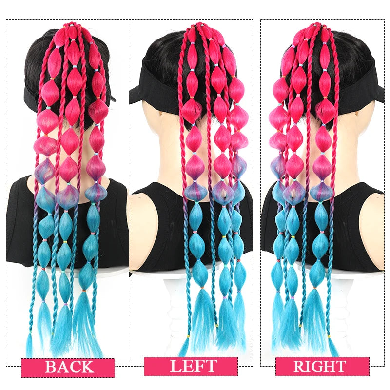 Bubble braid ponytail extension with pink-to-pale ombre and turquoise-blue lower strands.